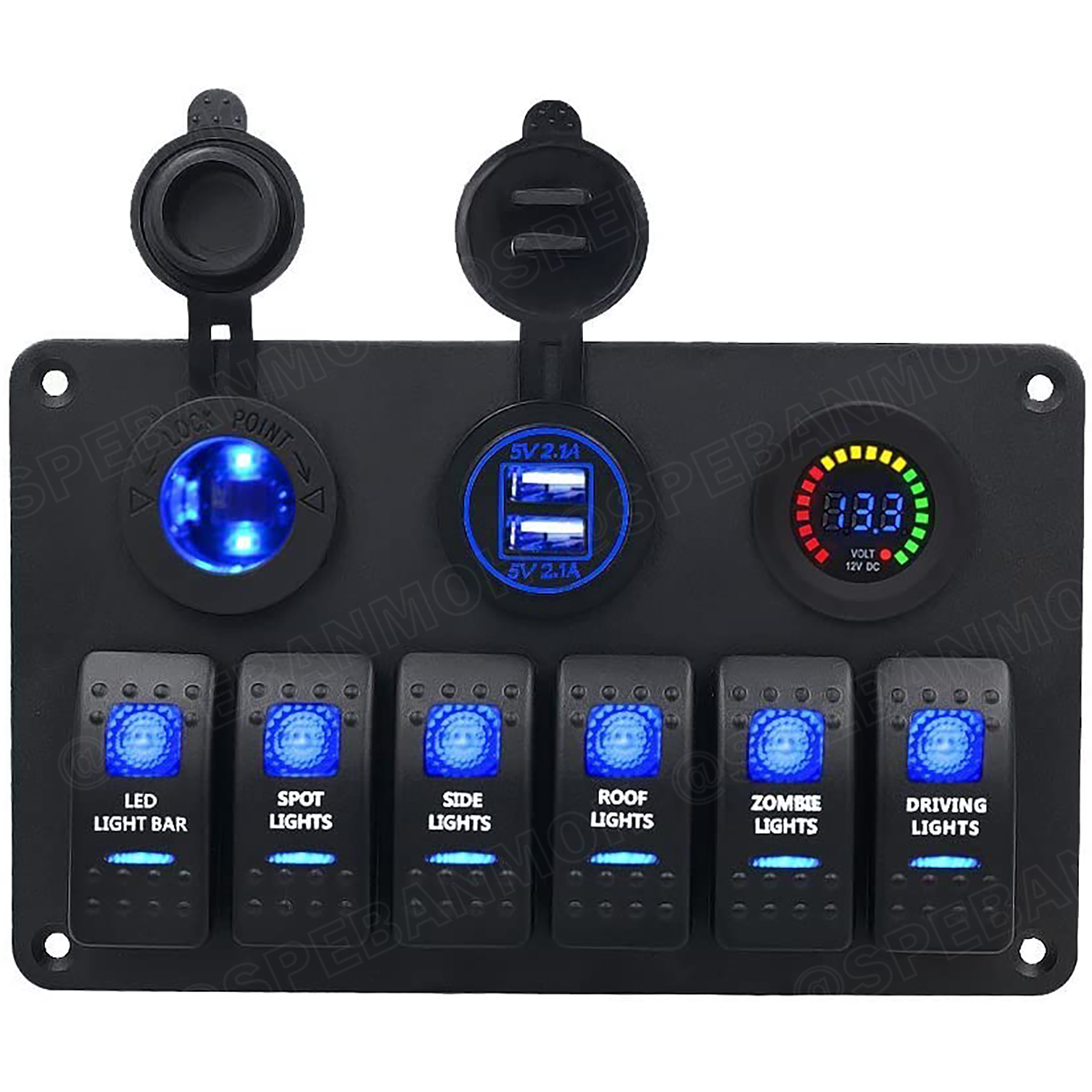 [ 1ชิ้น ] WP-441B1 แผงสวิตช์รถยนต์ เรือ กันน้ำ มีไฟ 12VDC Waterproof 6 gang Rocker Switch Panel for Marine Boat ชุดแผงสสวิทช์ 12V USB-A 2.1A 2Ch สวิทช์ 5ขา มีไฟ LED ช่องสำหรับเสียบปลั๊กจุดบุหรี่ 1ช่อง พร้อมหน้าจอแสดง ดิจิตอล โวลต์มิเตอร์
