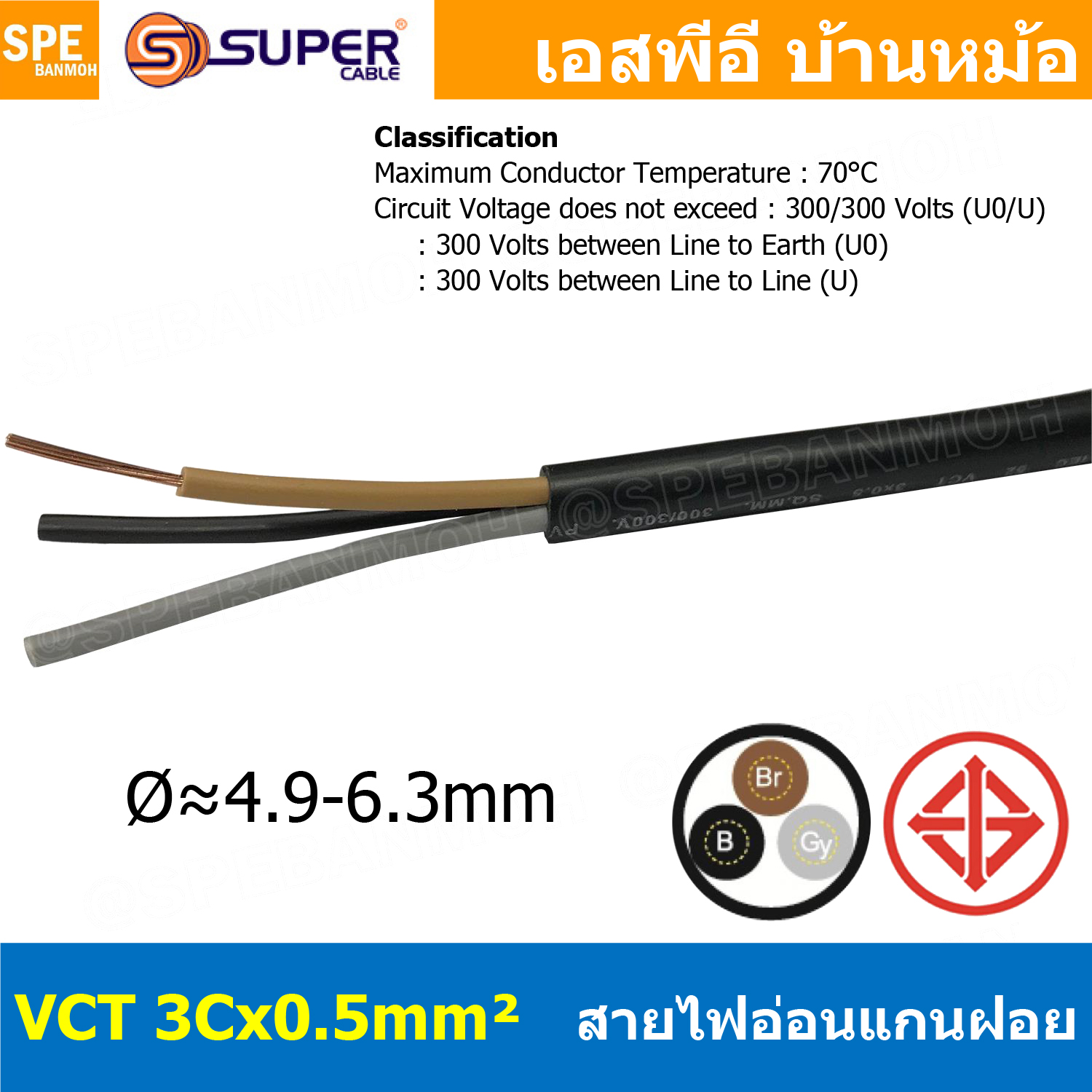 [ 3 เมตร ] VCT-3x0.5 สาย VCT 3C X 0.5 sq.mm สายอ่อน 3 คอร์ Size 0.5 sq.mm VCT AC Power Cable สายไฟ AC สายปลั๊ก IEC53 สายมาตรฐาน มอก. TIS 11-2553 3x0.5 สายไฟเอซี สายไฟบ้าน VCT Cable Flexible Cable สายไฟ ฉนวนPVC สายไฟอ่อน