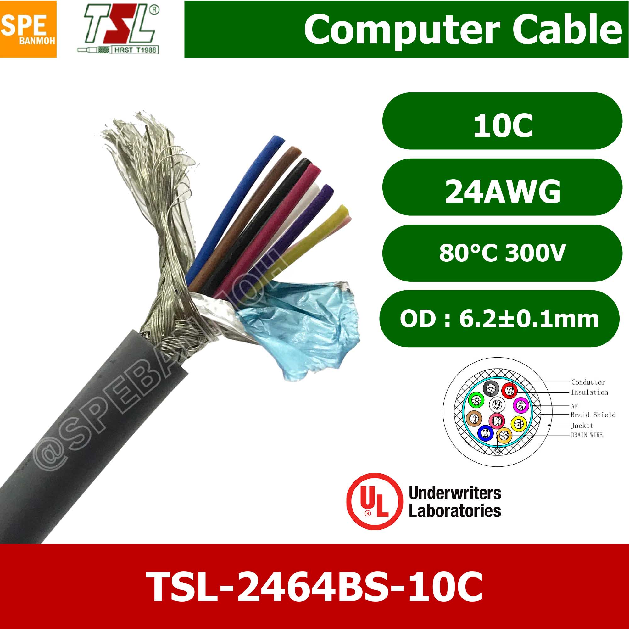 [ 1 เมตร ] TSL UL2464 10C สายคอมพิวเตอร์ 10คอร์ 0.2 mm2 300V 80C สายมัลติคอร์ TSL แบบชีลถัก มาตรฐานUL Braid Shield Mylar Foil แบบชีลถัก สายไฟ สายคอร์นำสัญญาณ