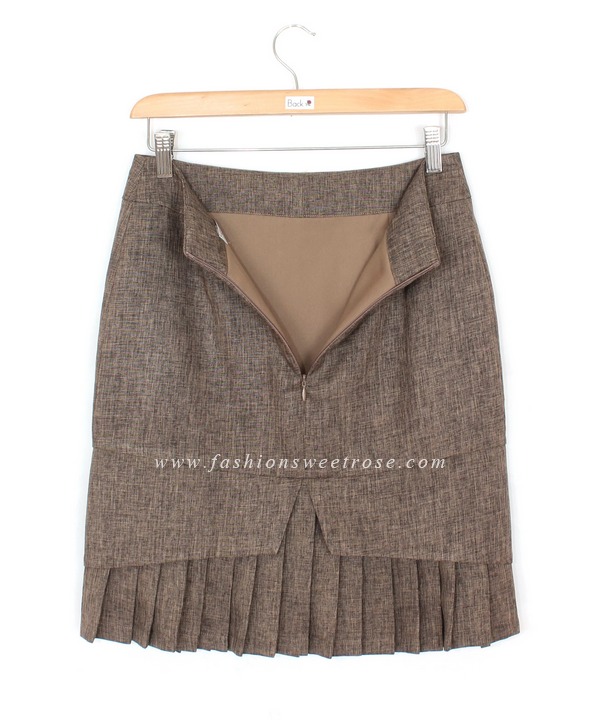 SK-427 กระโปรงแฟชั่น&ทำงาน ทรงสอบ ผ้าคอตต้อนลินินไอริส สีน้ำตาล ชายกระโปรงจับจีบรอบตัว