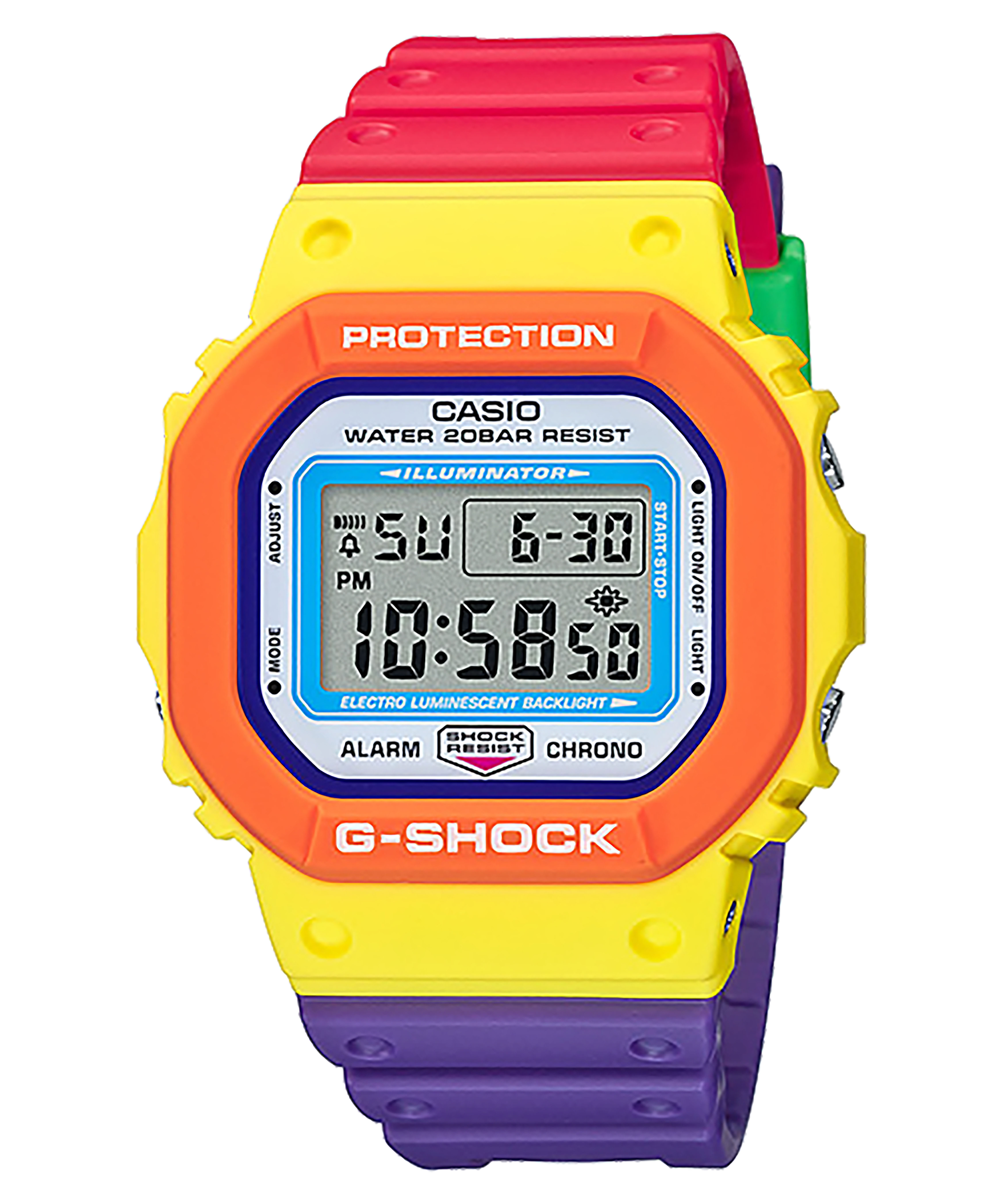 CASIO G-SHOCK รุ่น DW-5610DN-9DR สีม่วง เหลือง เเดง เขียว multi-colored design สายเรซิ่น สินค้าของเเท้ ประกันศูนย์ CMG