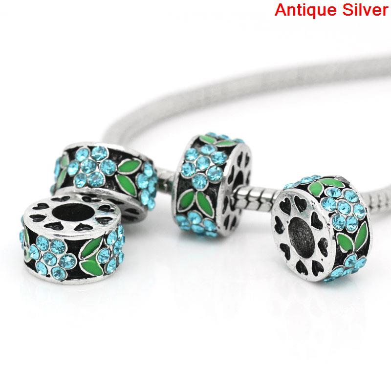 ลูกปัดเงินยุโรป antique รูใหญ่ ใบไม้enamelเขียวประดับพลอย Rhinestone สีฟ้าเทอร์ควอยซ์ ขนาด 11x7mm รู 5mm แพ็ค 2 เม็ด