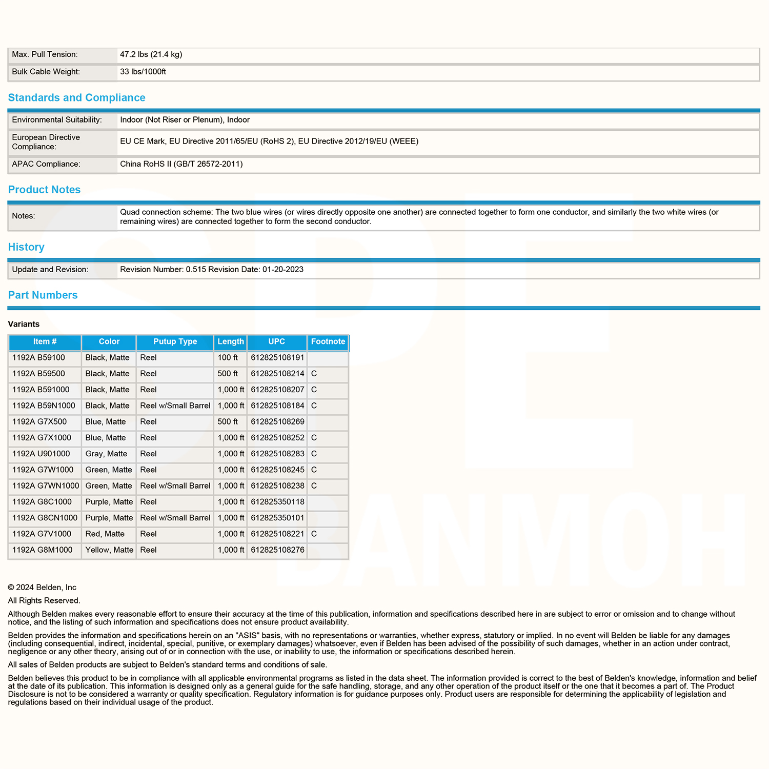 [ 1เมตร ] Belden 1192A สายสัญญาณ Belden 4Conductor 4Cx24AWG 0.2 sq.mm Microphone Cable 4C Braid Shield 92% Coverage OD 6.22mm คุณภาพสูง สายไมโครโฟน Microphone Cable Audio Cable 24 AWG ชีลถัก 92% ทองแดงเคลือบดีบุก TC Braid Shield Star Quad Microphone Cable