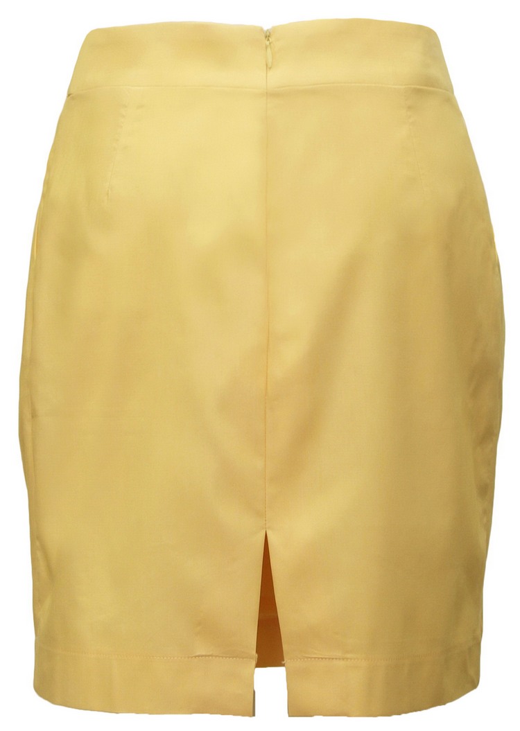 SK-092 กระโปรงแฟชั่น&ทำงาน ทรงสอบ ผ้าคอตต้อนญี่ปุ่นผสมสเปนเดกสีเหลือง แต่งด้วยกระดุม 6 เม็ด