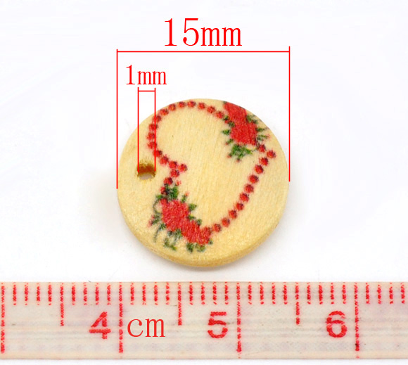 กระดุมไม้ห้อยต่างหูเพ้นท์ลายหัวใจ ขนาด 15mm แพ็ค 100 ชิ้น