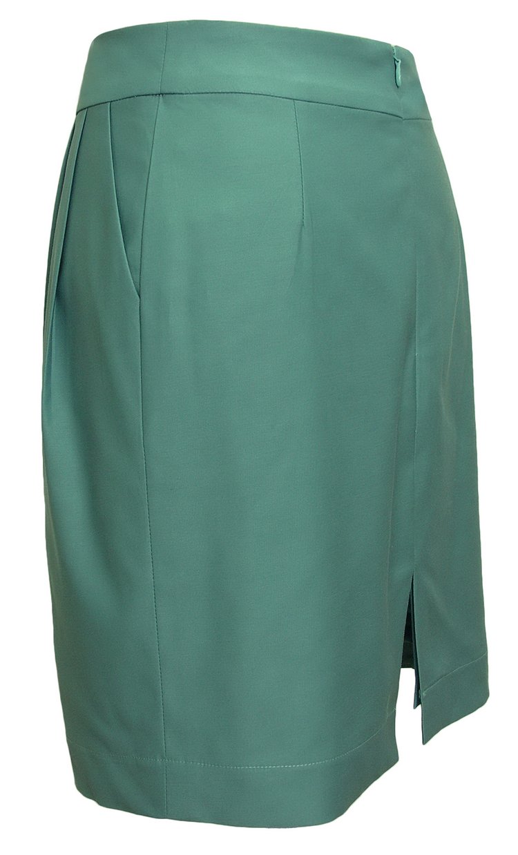 SK-091 กระโปรงแฟชั่น&ทำงาน ทรงสอบ ผ้าคอตต้อนญี่ปุ่นผสมสเปนเดกสีเขียวอมฟ้า แต่งด้วยกระดุม 6 เม็ด