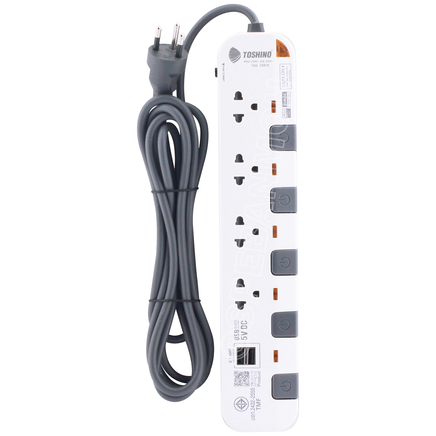 P4375USB-5M ปลั๊กพ่วง Toshino รางปลั๊กไฟ Toshino รุ่น P4375USB 5 เมตร 3ช่อง 2USB 2.1A 4สวิตซ์ 5เมตร 250V 10A 2300W ระบบ Surge Protection ป้องกันไฟกระชาก Circuit Breaker ป้องกันไฟเกิน ผลิตจากวัสดุไม่ลามไฟ ม่านนิรภัย ป้องกันนิ้วมือสัมผัสทองเหลืองด้านใน