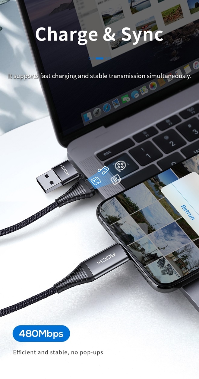 Rock R12 Multi-function สายชาร์จและซิงค์ 4 in 1 แบบ 2 หัว ทั้ง 2ด้าน Type-c to USB A/Type-c to Lightning สายแบบถัก (Black))