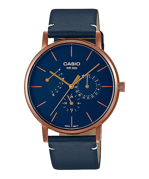 CASIO รุ่น MTP-E320RL-2EVDF หน้าปัดน้ำเงิน สายน้ำเงิน ขอบโรสโกลด์ สายหนังเเท้ สินค้าของเเท้ รับประกันศูนย์ CMG