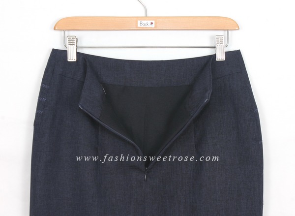 SK-425 กระโปรงแฟชั่น&ทำงาน ทรงสอบ ปักลายก้างปลา ผ้าคอตต้อนลินินไอริสสีน้ำเงิน