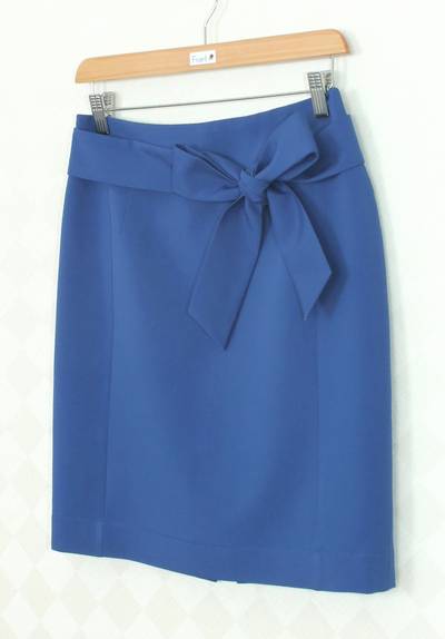 SK-335 กระโปรงแฟชั่น&ทำงาน ทรงสอบ ผ้าไหมอิตาลีสีฟ้าน้ำทะเล พร้อมโบว์คาดเอว