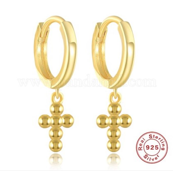 ก้านต่างหูแบบห่วง Cross 925 Sterling Silver Hoop Earrings for Women, Real 18K Gold Plated จำนวน 1 คู่
