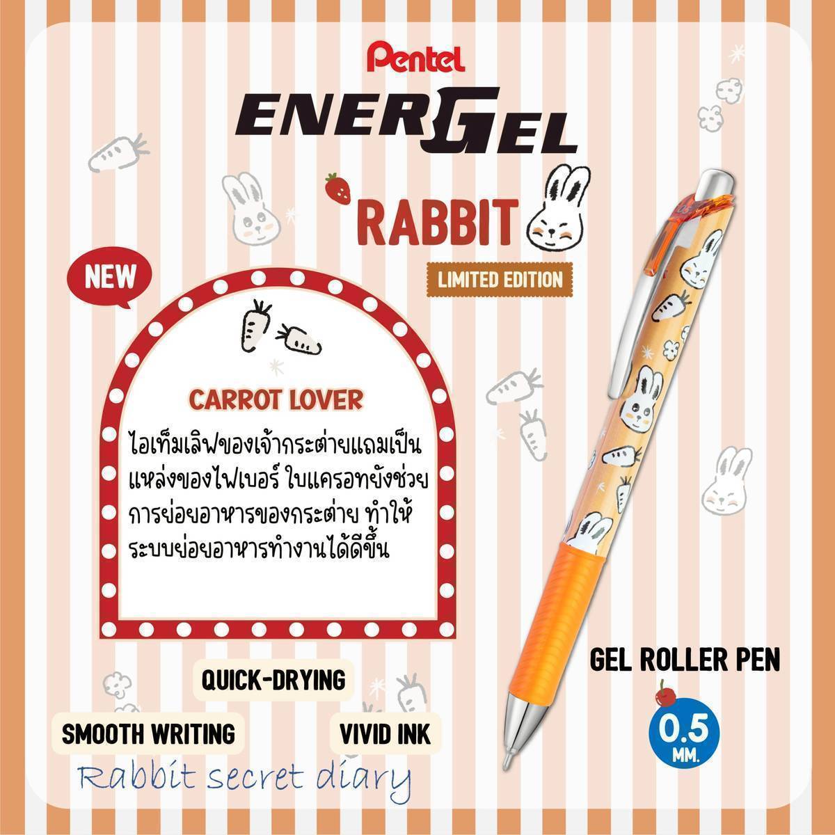 ปากกาเจล Pentel Energel RABBIT Limited Edition ลายกระต่าย หัว 0.5 มม. หมึกสีน้ำเงิน เปลี่ยนไส้ได้