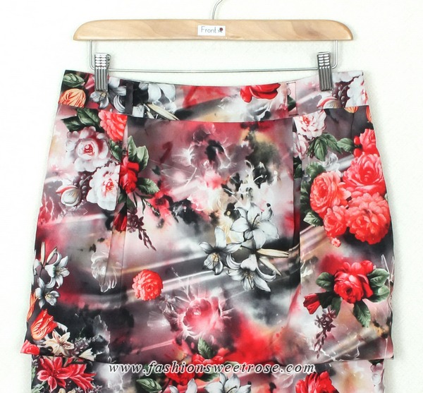 SK-321 กระโปรงแฟชั่น&ทำงาน ทรงสอบ ผ้าไหมอิตาลีพิมพ์ลายดอกกุหลาบแดง ตัวกระโปรงซ้อนกัน 2 ชั้น