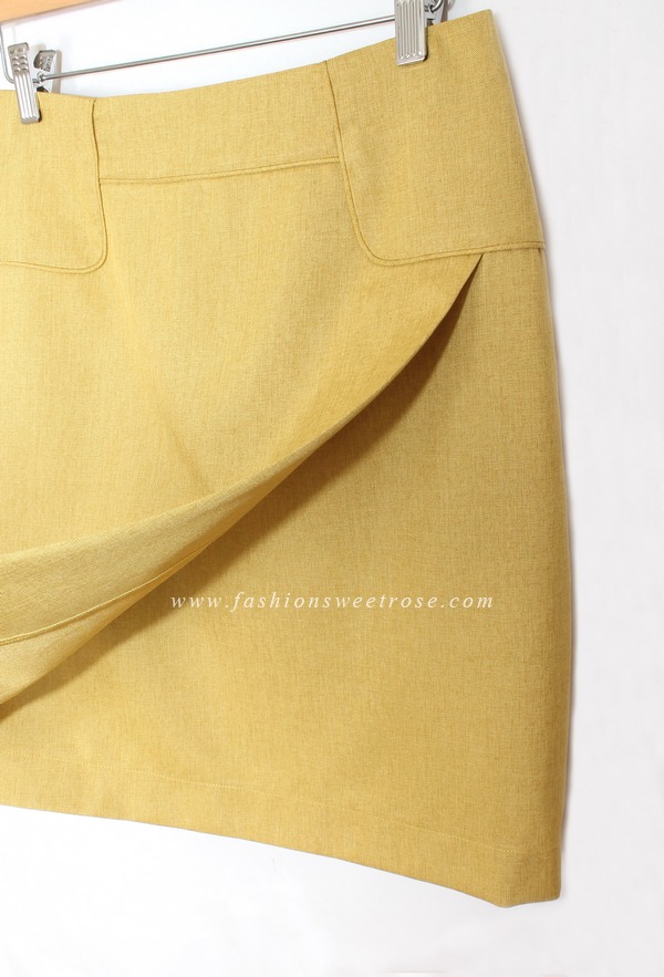 กระโปรงแฟชั่น&ทำงาน กระโปรงทรงสอบผ้าคอตต้อนลินินไอริสสีเหลืองมาสตาส ด้านหน้ากระโปรงดีไซน์ตัดต่อดูเรียบหรู / SK-428