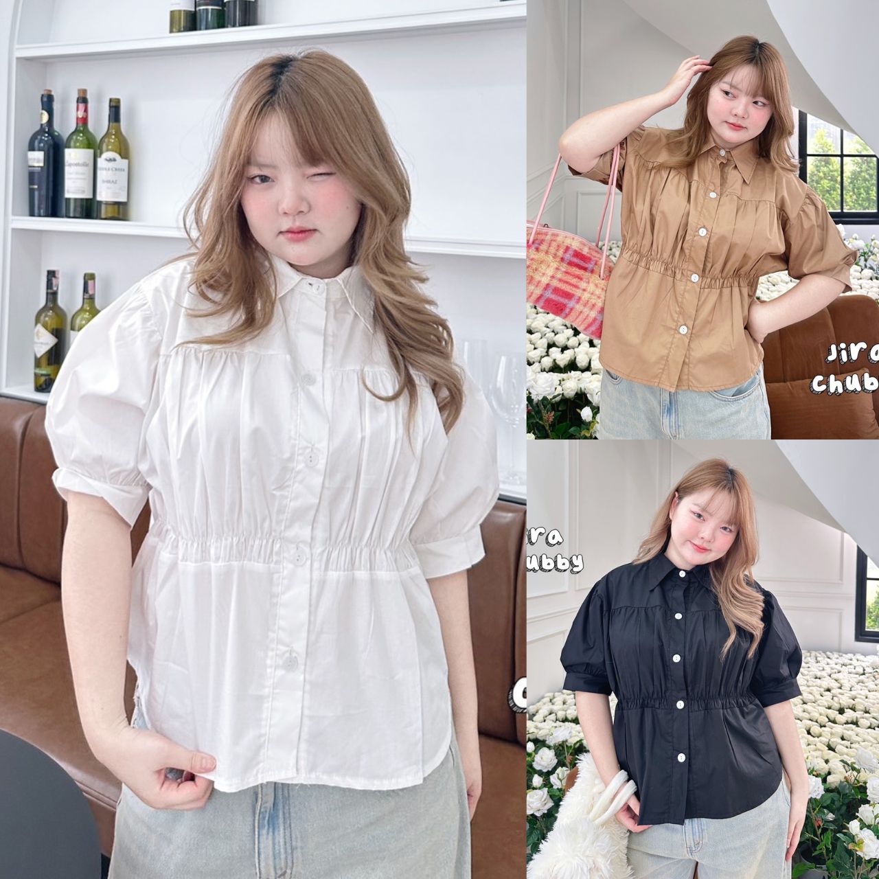 J102 เสื้อเชิ้ต สาวอวบ คอปกจับจีบตรงอก อกได้ถึง 50 นิ้ว (หน้าผ้า52นิ้ว) ชาว ดำ น้ำตาล อก 40-50 นิ้ว