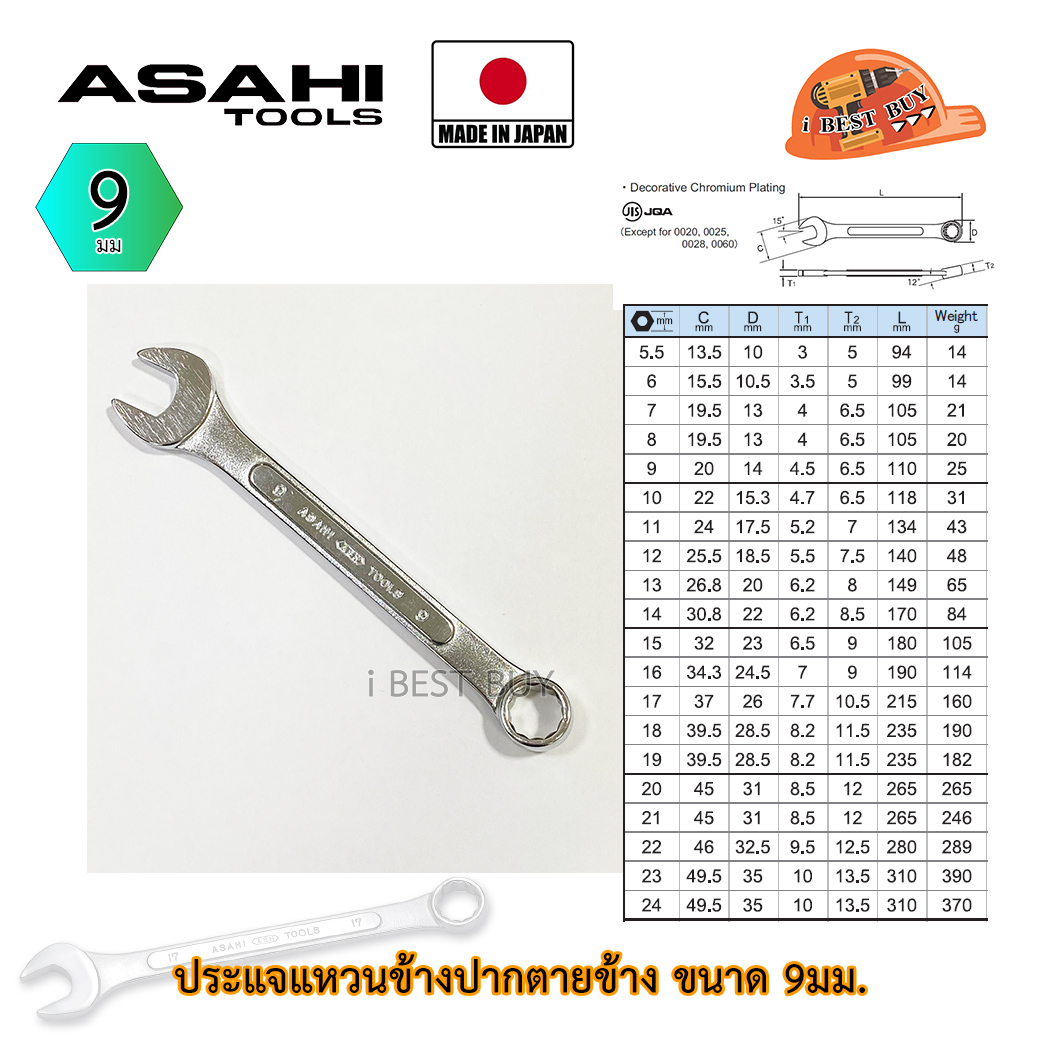 Asahi ประแจแหวนข้างปากตาย อาซาฮี ขนาด 9มม. ผลิตจากประเทศญี่ปุ่น