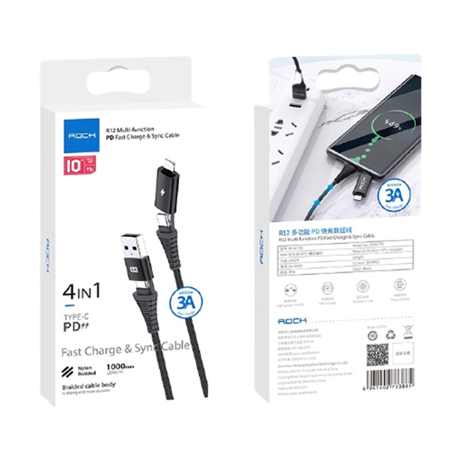 Rock R12 Multi-function สายชาร์จและซิงค์ 4 in 1 แบบ 2 หัว ทั้ง 2ด้าน Type-c to USB A/Type-c to Lightning สายแบบถัก (Black))