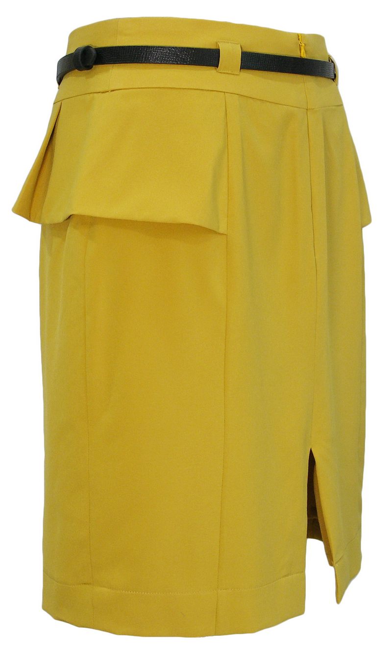 SK-062 กระโปรงทรงสอบ ผ้าไหมอิตาลีสีเหลืองมาสตาท แต่งขอบเอวด้านหน้า