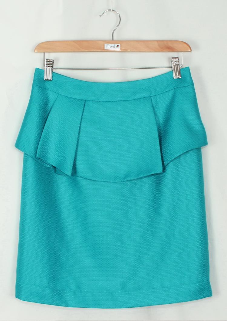 SK-191 กระโปรงแฟชั่น&ทำงาน ทรงสอบ ผ้า CHANEL สีฟ้า ด้านหน้ากระโปรงจับจีบระบาย