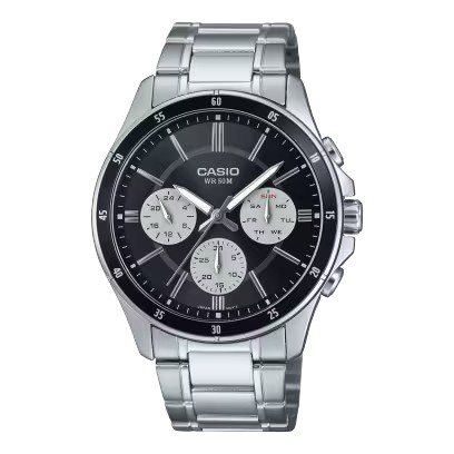 CASIO Standard รุ่น MTP-1374D-1A3V สายสีเงิน หน้าปัดสีดำ จอในสีขาว สินค้าของเเท้ รับประกันศูนย์ CMG