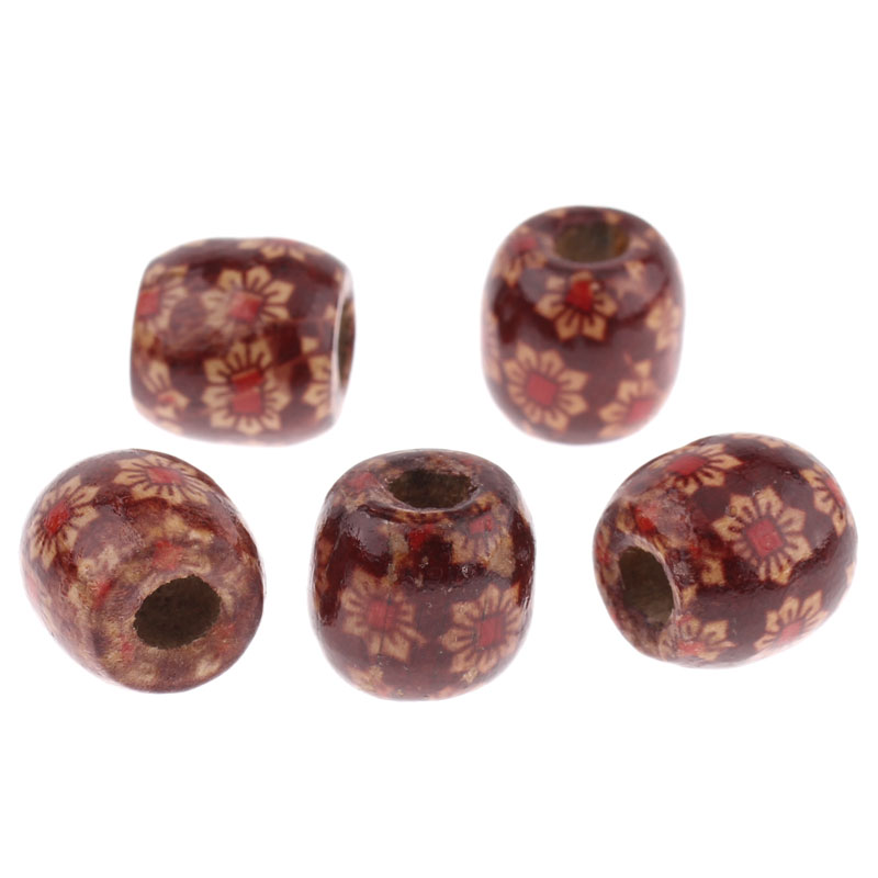 ลูกปัดไม้เพ้นท์ลาย 17x16mm สีน้ำตาลเข้มลายดอก แพ็ค 50 เม็ด