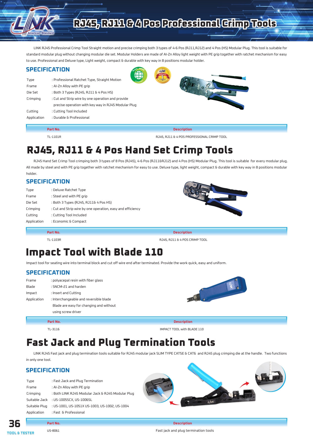 "ราคาพิเศษ" คีมเข้าสายตัวเมีย และ เข้าหัวตัวผู้ LINK US-8061 Fast Jack and Plug Termination Tool (Two in one)