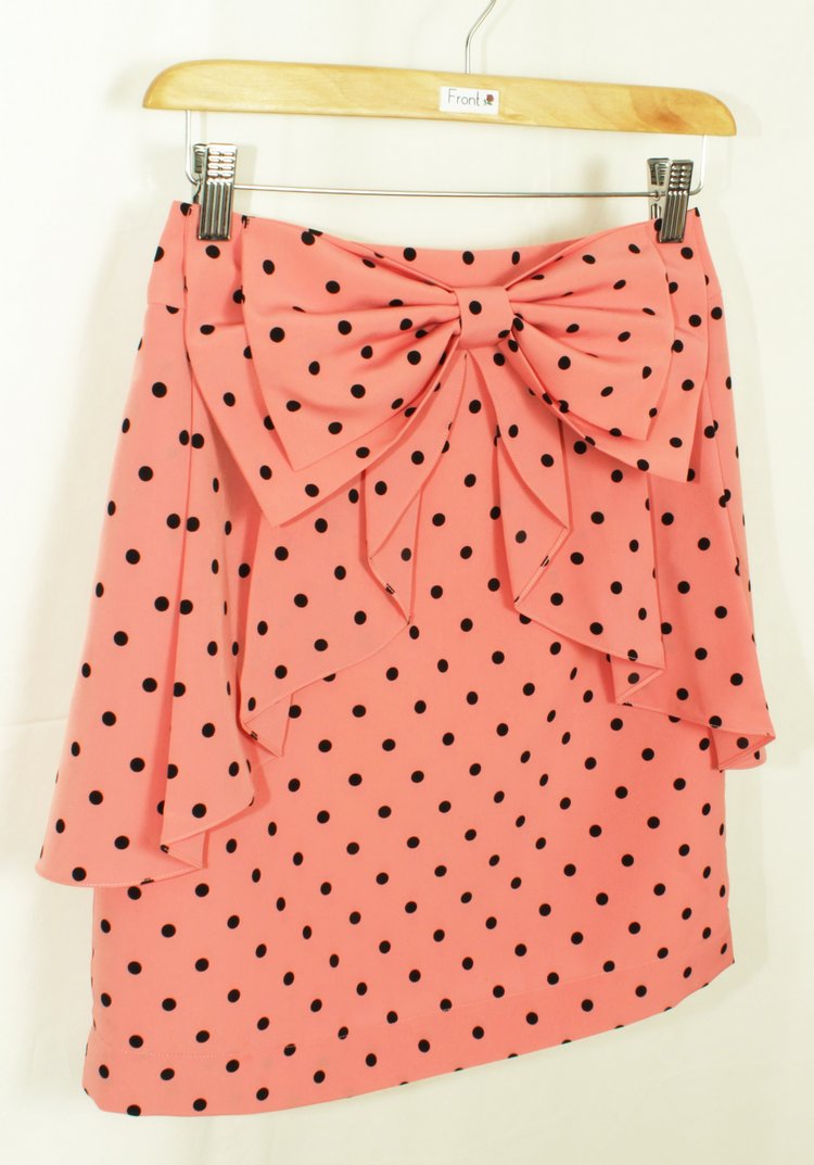 SK-169 กระโปรงแฟชั่น&ทำงาน ผ้า HIGH TWICH POKADOT สีชมพูโอรส มีโบว์ซ้อนกัน 2 ชั้น