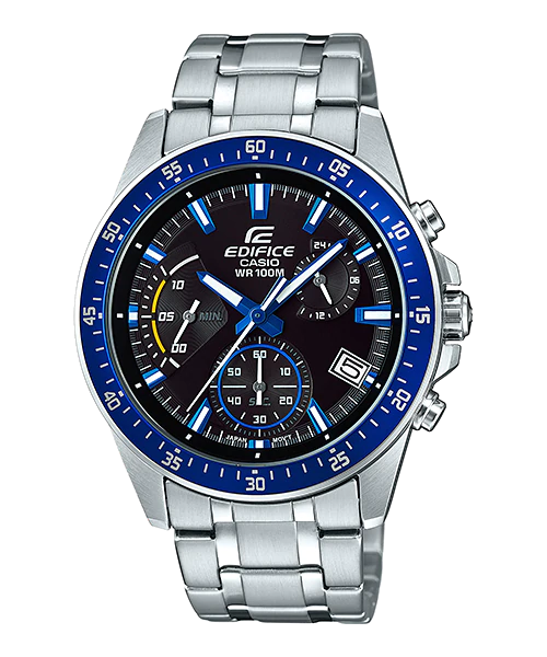 CASIO EDIFICE รุ่น EFV-540D-1A2VUDF นาฬิกาข้อมือสายสแตนเลส สีเงิน จอดำ ขอบน้ำเงิน สินค้าใหม่ ของแท้ รับประกันศูนย์ CMG