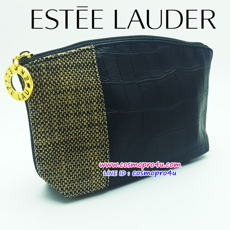 กระเป๋าลายหนังสีดำแต่งด้วยผ้าโทนสีน้ำตาล ESTEE LAUDER เอสเต้ลอเดอร์ สวยหรูไฮโซ 7.5x4.5 นิ้ว