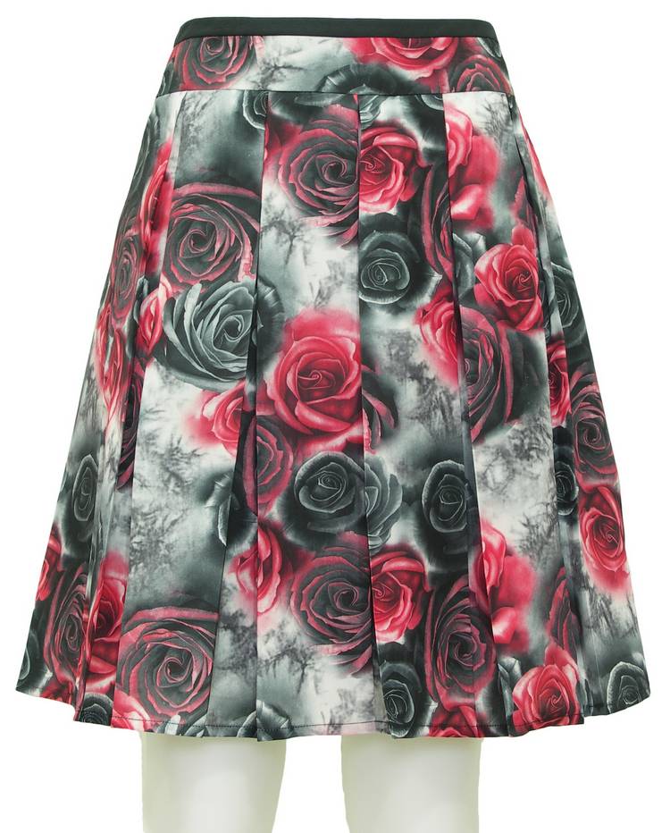 SK-089 กระโปรงแฟชั่น&ทำงาน ทรงบาน ผ้าพิมพ์ลายดอกกุหลาบสีดำแดง