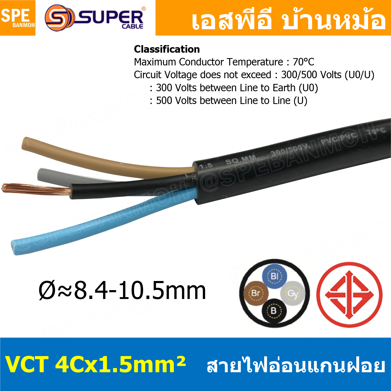 [ 1 เมตร ] VCT-4x1.5 สาย VCT 4C X 1.5 sq.mm สายอ่อน 4 คอร์ Size 1.5 sq.mm VCT AC Power Cable สายไฟ AC สายปลั๊ก IEC53 สายมาตรฐาน มอก. TIS 11-2553 4x1.5 สายไฟเอซี สายไฟบ้าน VCT Cable Flexible Cable สายไฟ ฉนวนPVC สายไฟอ่อน
