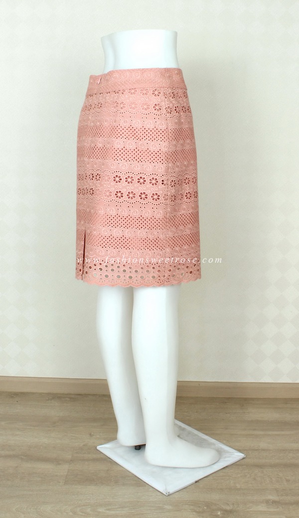 SK-350 กระโปรงแฟชั่น&ทำงาน ทรงสอบ ผ้าลูกไม้คอตตอน สี Peach ชายกระโปรงเป็นเชิงลูกไม้