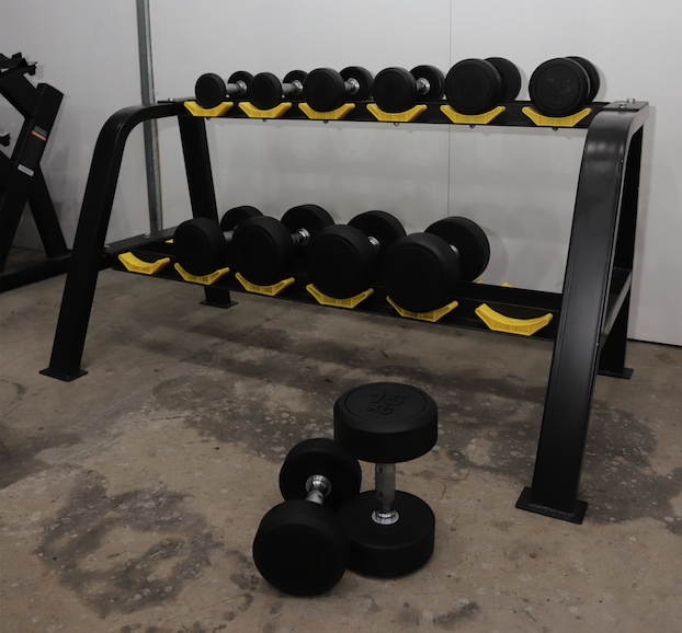 ชุดดัมเบลกลมหุ้มยาง 6 คู่ พร้อมชั้นวาง 2 ชั้น (งานระดับยิมมาตรฐานฟิตเนส)