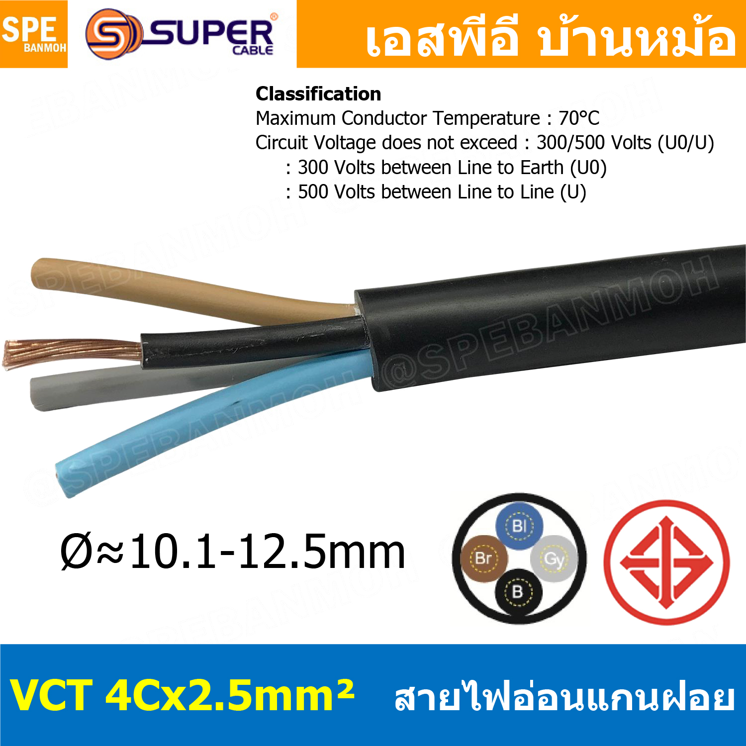 [ 1 เมตร ] VCT-4x2.5 สาย VCT 4C X 2.5 sq.mm สายอ่อน 4 คอร์ Size 2.5 sq.mm VCT AC Power Cable สายไฟ AC สายปลั๊ก IEC53 สายมาตรฐาน มอก. TIS 11-2553 4x2.5 สายไฟเอซี สายไฟบ้าน VCT Cable Flexible Cable สายไฟ ฉนวนPVC สายไฟอ่อน