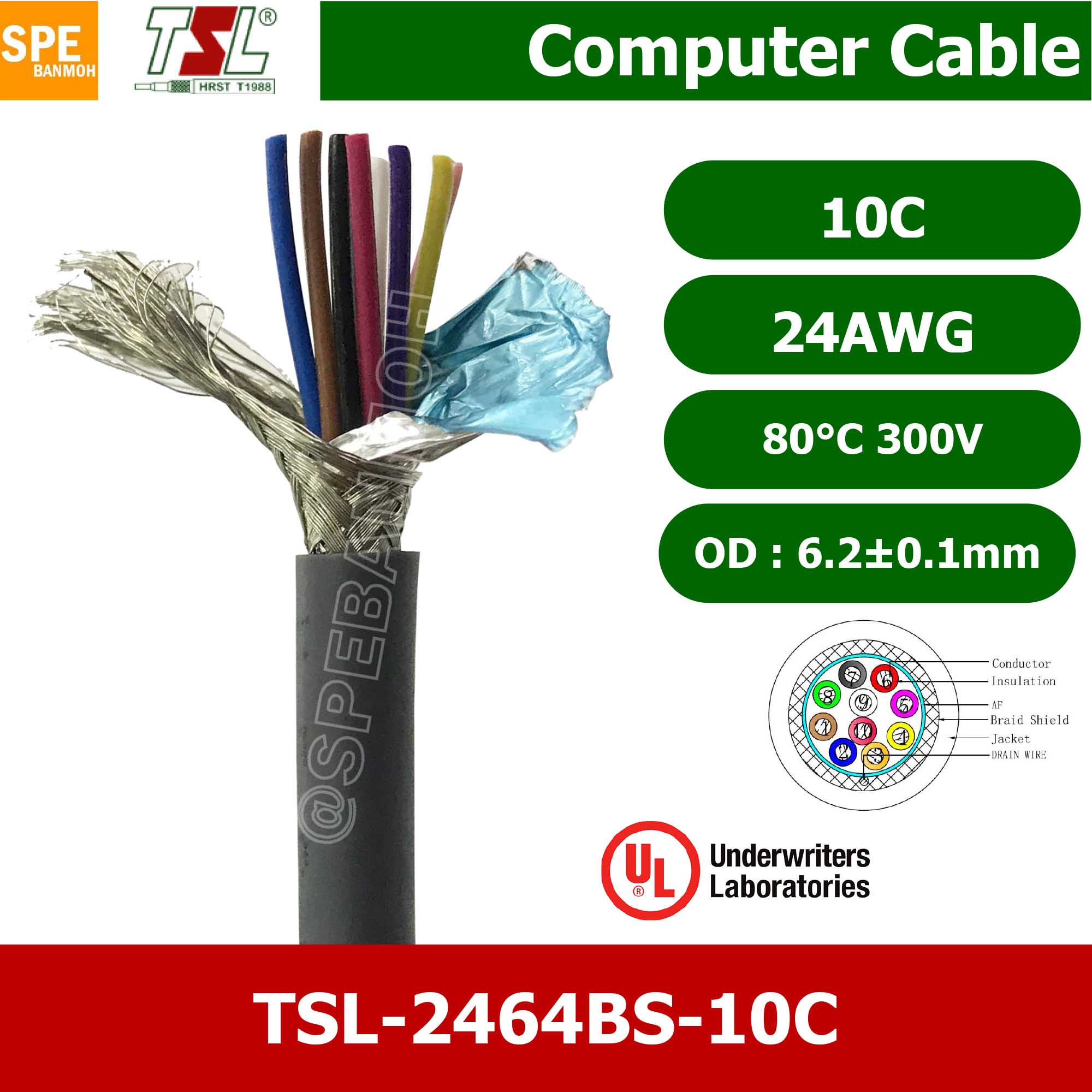 [ 1 เมตร ] TSL UL2464 10C สายคอมพิวเตอร์ 10คอร์ 0.2 mm2 300V 80C สายมัลติคอร์ TSL แบบชีลถัก มาตรฐานUL Braid Shield Mylar Foil แบบชีลถัก สายไฟ สายคอร์นำสัญญาณ