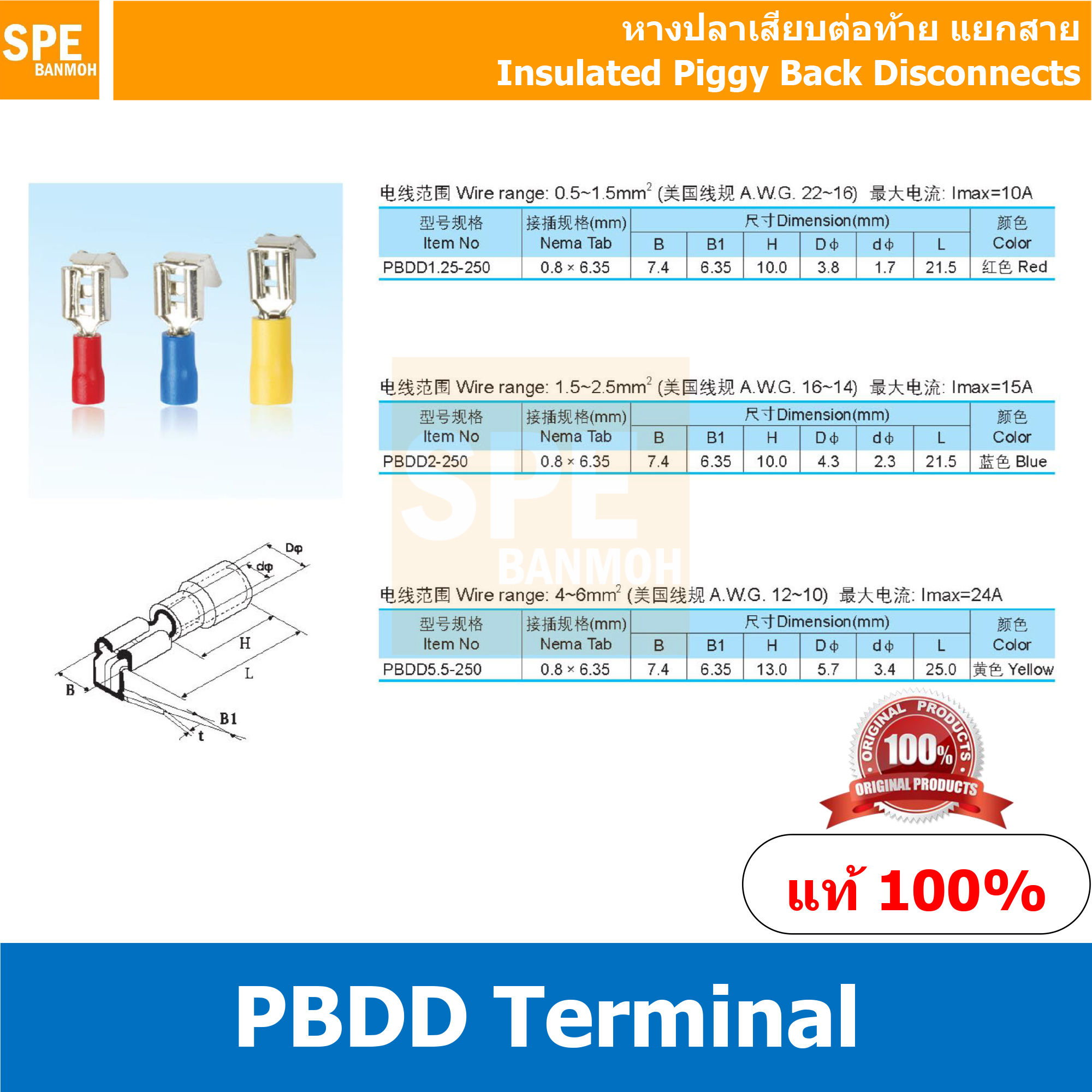 [ 100 ตัว/ถุง ] PBDD 5.5-250 เหลือง Yellow หางปลาเสียบแยกสายไฟ Insulated Piggy Back Disconnect หางปลาเสียแอร์ แยกสายสายไฟ Insulated Terminal เทอร์มินอล หางปลาย้ำสายไฟ หางปลา หางปลาหุ้ม หางปลาแฉก Terminal Crimping หางปลาหุ้มฉนวน หางปลากลม