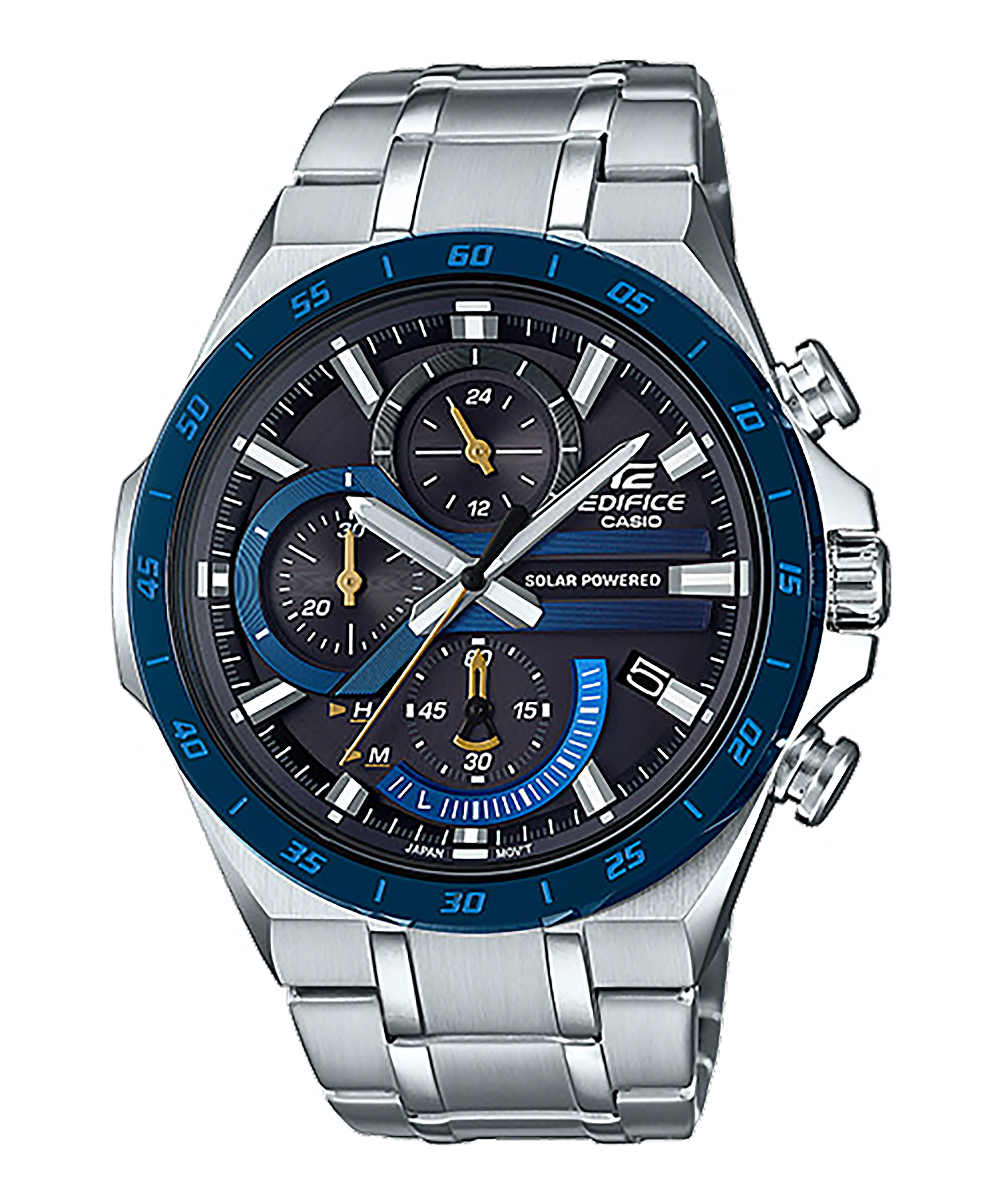 CASIO EDIFICE รุ่น EQS-920DB-2AVUDF สีเงิน หน้าปัดดำ น้ำเงิน เข็มสีทอง สายสแตนเลส สินค้าใหม่ ของแท้ รับประกันศูนย์ CMG 1 ปี