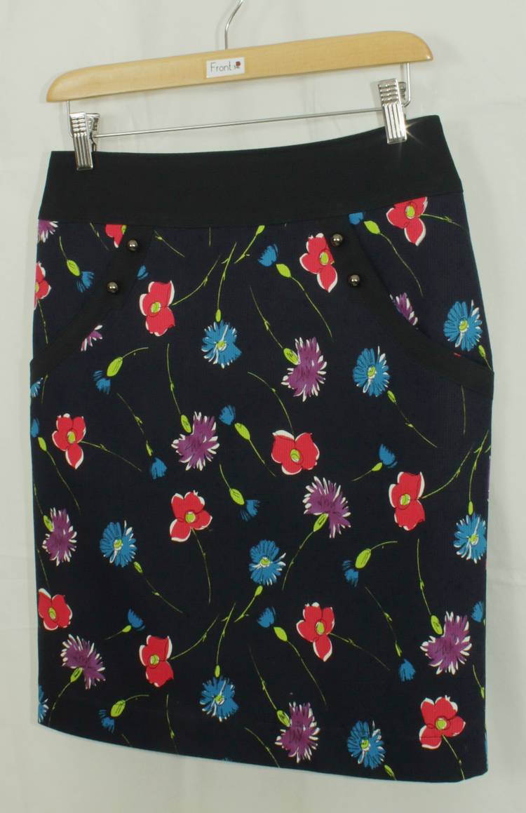 SK-181 กระโปรงแฟชั่น&ทำงาน ทรงสอบ ผ้าญี่ปุ่นผสมสเป็นเด็กพิมพ์ลายดอกไม้โทนน้ำเงิน