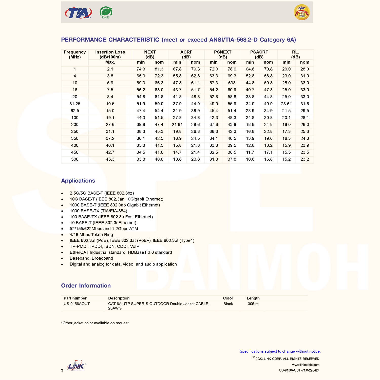 [ 1 เมตร ] US-9156A OUT สายแลนด์ ภายนอก CAT 6A OUTDOOR UTP Link Category 6A 23AWG Cable ทองแดงแท้ ลิ้งค์ CAT6A สายเคเบิลเครือข่าย Lan Cable สายแลนเน็ต สายเน็ต สายต่อเน็ต สายข้อมูล Gbps SSTP Gigabit Network Copper LAN