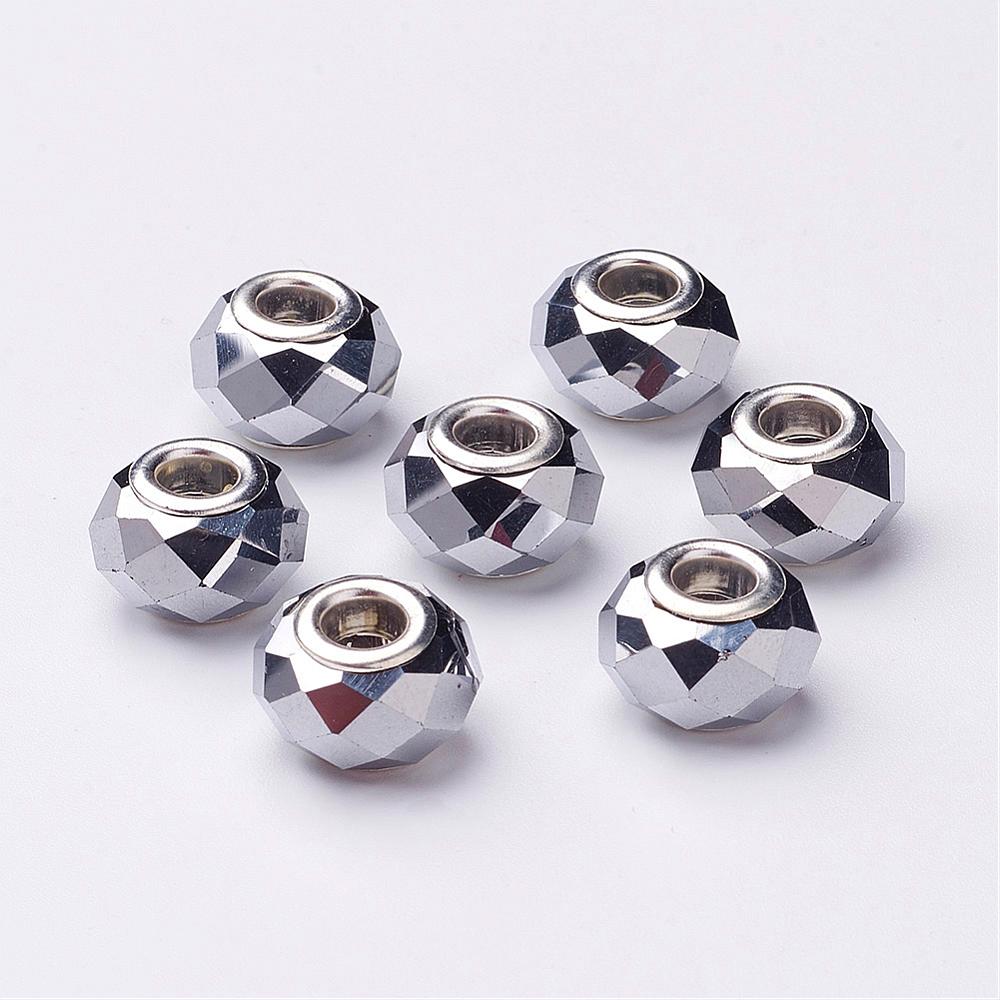 ลูกปัดแก้วสีเงินรูใหญ่ แกนสีเงิน ขนาด 14x9mm แพ็ค 10 เม็ด