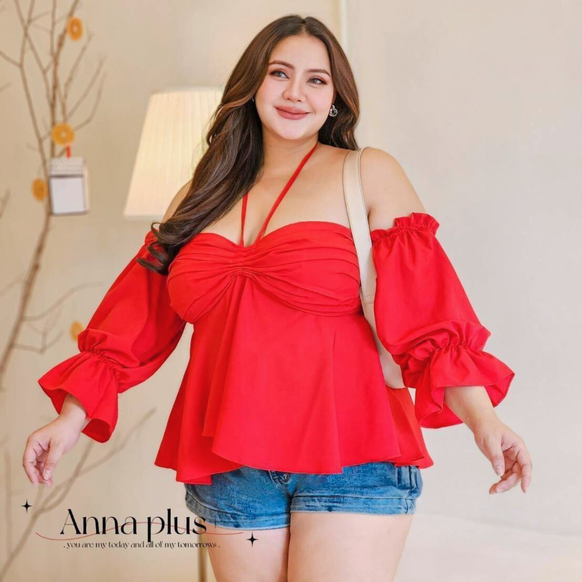 A069 เสื้อสาวอวบ เปิดไหล่ สม็อกหลัง อกได้ถึง50