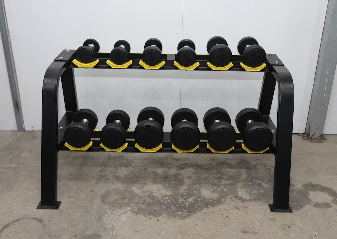 ชุดดัมเบลกลมหุ้มยาง 6 คู่ พร้อมชั้นวาง 2 ชั้น (งานระดับยิมมาตรฐานฟิตเนส)