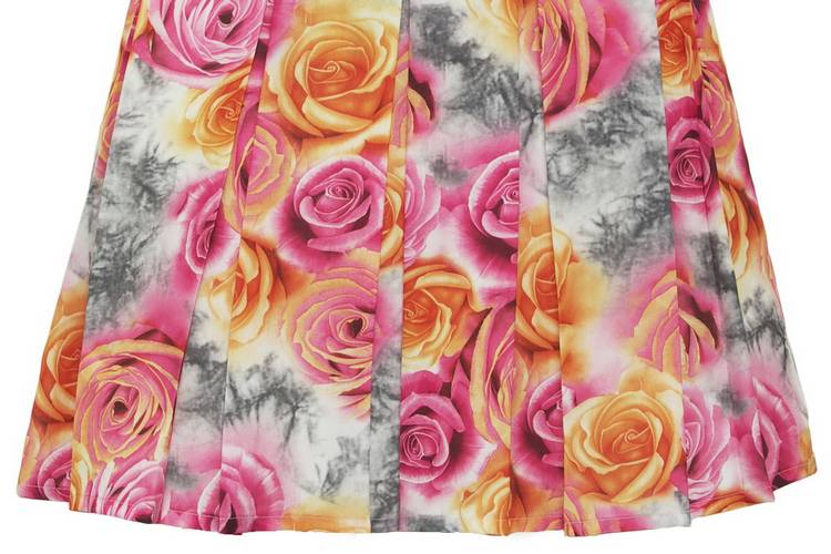 SK-090 กระโปรงแฟชั่น&ทำงาน ทรงบาน ผ้าพิมพ์ลายดอกกุหลาบสีชมพูเหลือง