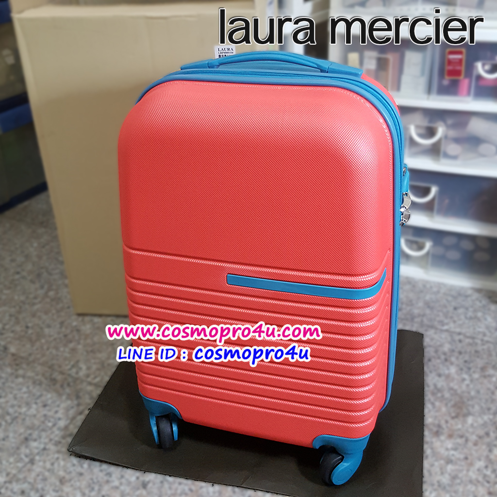 กระเป๋าเดินทางล้อลาก LAURA MERCIER ขนาด 20 นิ้ว สีส้มเกือบแดงแต่งด้วยสีน้ำเงิน มี 4 ล้อหมุนได้ 360 องศา ลากจูงเข็นได้ทั้งด้านหน้า-ข้าง-หลัง คันชักปรับระดับได้