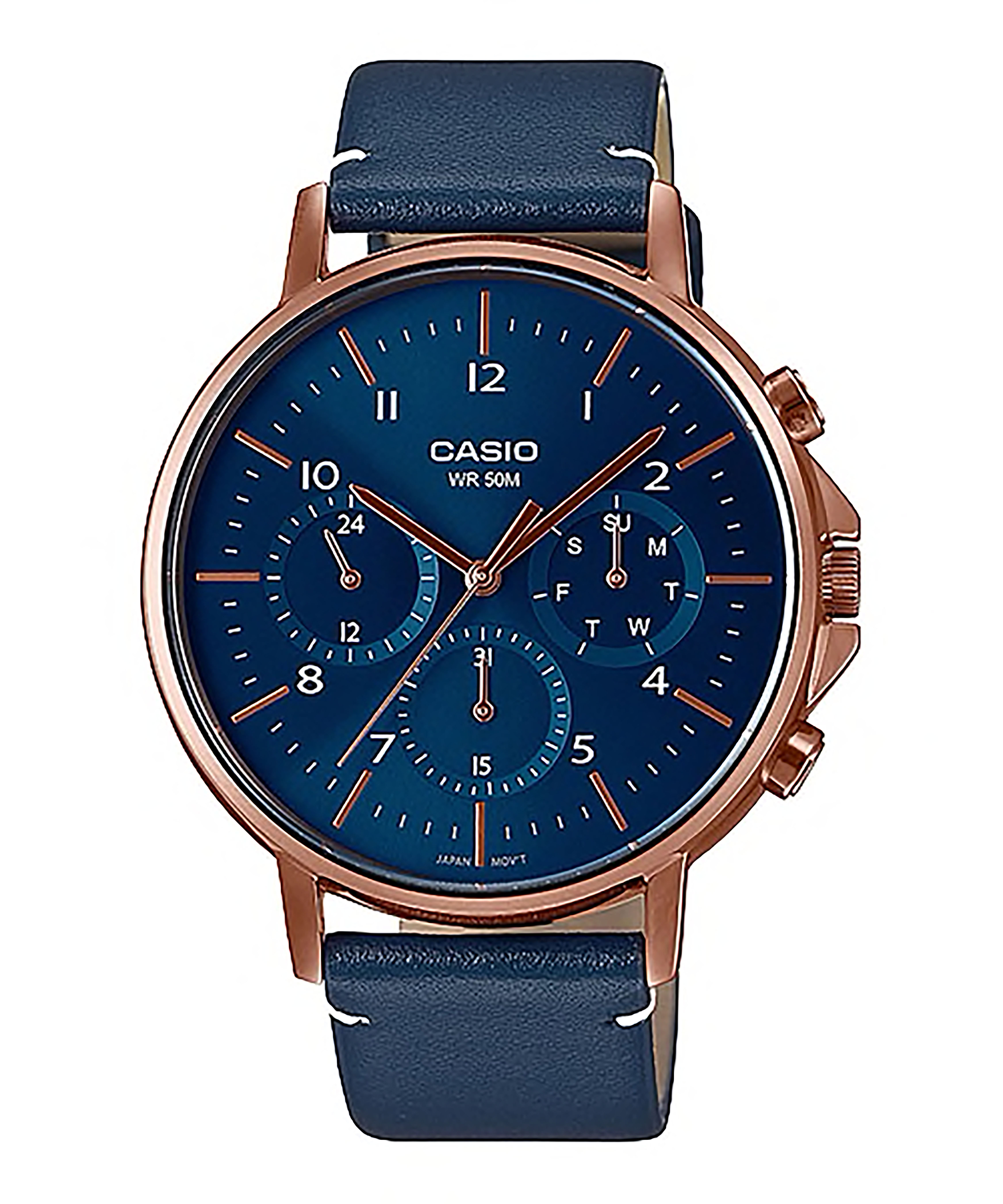 CASIO รุ่น MTP-E321RL-2AVDF สายหนังสีน้ำเงิน หน้าปัดน้ำเงิน โรสโกลด์ สินค้าของเเท้ รับประกันศูนย์ CMG