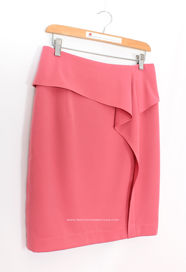 กระโปรงทรงสอบ แต่งระบายด้านหน้า ผ้าโพลีเอสเตอร์ สีชมพู Pink-Candy / SK-481