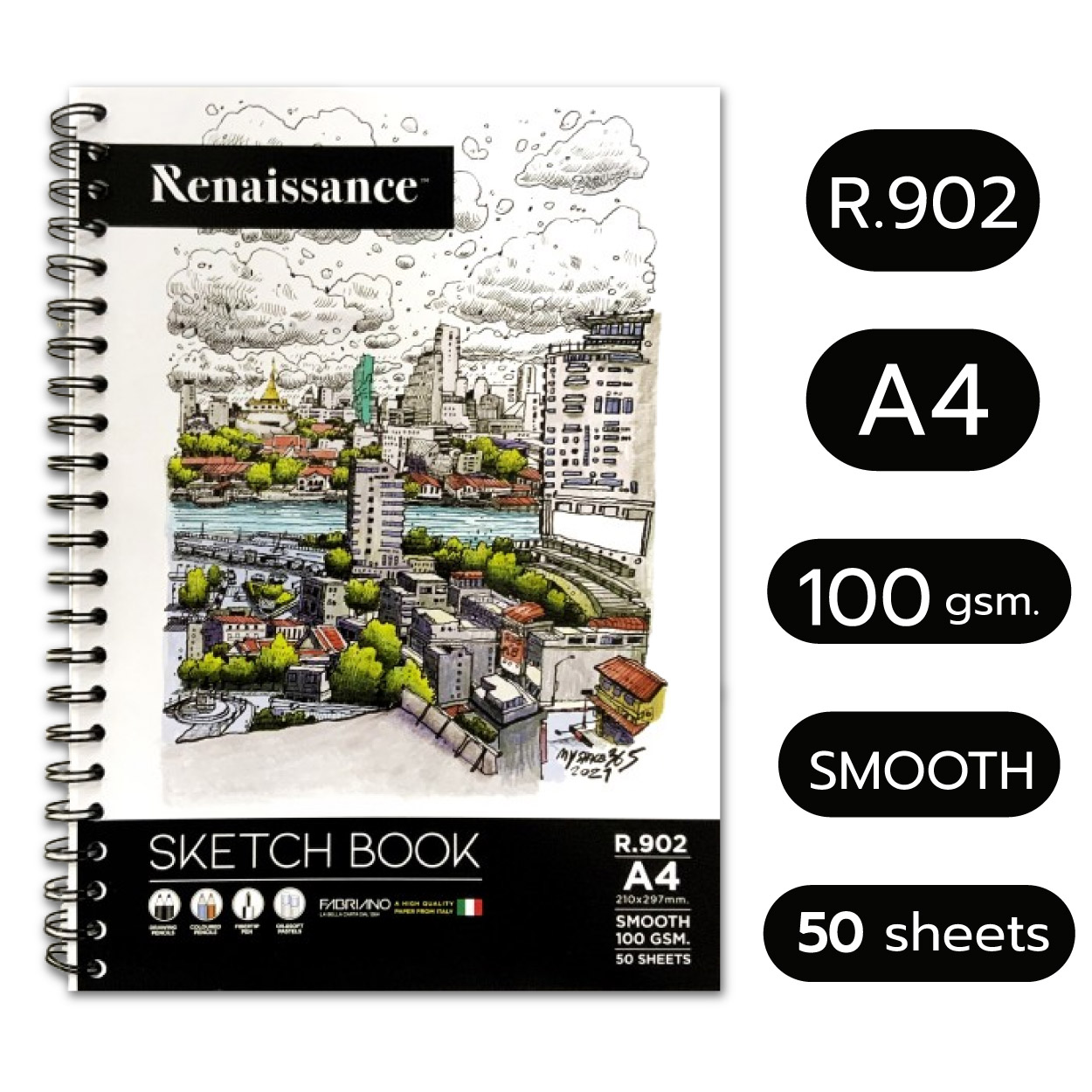 Renaissance & Fabriano สมุดสเก็ตช์ภาพ สมุดวาดภาพ สมุดสเก็ตซ์ 100 แกรม R.902 A4 / R.901 B5 ผิวเรียบ ริมลวด