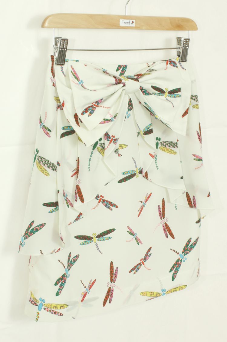 SK-164 กระโปรงแฟชั่น&ทำงาน ผ้าหางกระรอกพิมพ์ลายแมลงปอพื้นขาว มีโบว์ซ้อนกัน 2 ชั้น