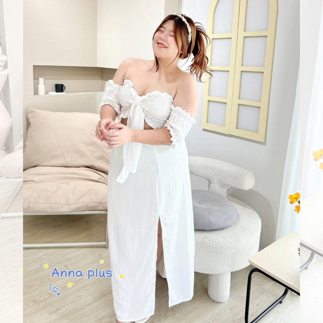 A145 ชุดเซ็ท สาวอวบ plus size งาน3ชิ้น เสื้อเกาะอก กระโปรง ผ้าผูกอกหรือผูกผม ขาว ดำ ฟ้า น้ำตาล อก40-50 นิ้ว